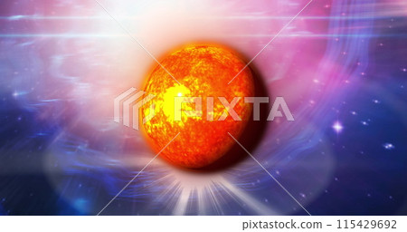 Image of yellow planet in smoky pink and navy space 115429692
