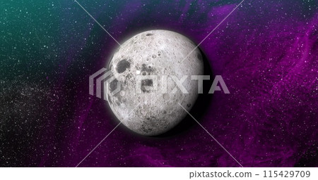 Image of grey planet in green, purple and black space 115429709
