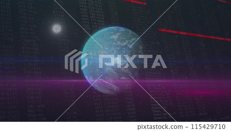 Image of blue planet in black and purple space with data 115429710