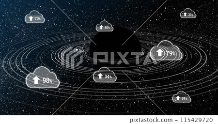Image of black planet and clouds with uploading in black space 115429720