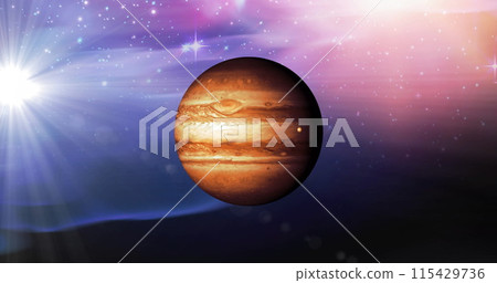 Image of brown planet in pink and blue space with stars Image of brown planet in pink and blue space with stars 115429736
