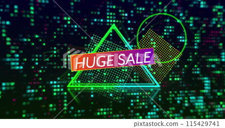 Image of huge sale over triangle and black background with dots Image of huge sale over triangle and black background with dots 115429741