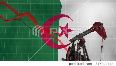 Image of financial data processing and flag of algeria over oil pump Image of financial data processing and flag of algeria over oil pump 115429748