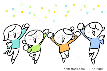A family of four smiling and jumping with excitement confetti 115429803