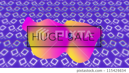 Image of huge sale over violet background with rotating white squares 115429834