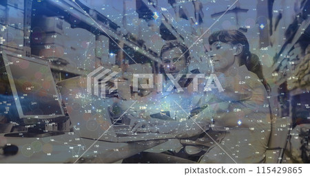 Globe of network of connections spinning over male and female supervisor using laptop at warehouse Globe of network of connections spinning over male and female supervisor using laptop at warehouse 115429865