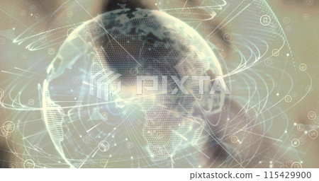 Image of globe with digital icons over blurred background Image of globe with digital icons over blurred background 115429900