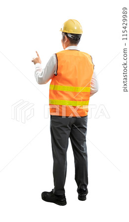 Asian engineer or technician finger point full length isolated 115429989