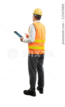 Asian engineer or technician with tablet full length isolated Asian engineer or technician with tablet full length isolated 115429992
