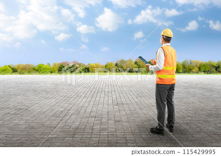 Construction business with civil engineer and cityscape background 115429995