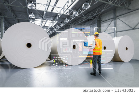 Engineer or technician work in paper factory with digital interface Engineer or technician work in paper factory with digital interface 115430023