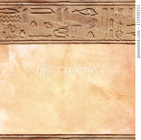 Vertical background with ancient Egyptian hieroglyphs on stone wall, Egypt, Africa. Backdrop with sandstone carving with hieroglyph. Mock up template. Copy space for text 115430151