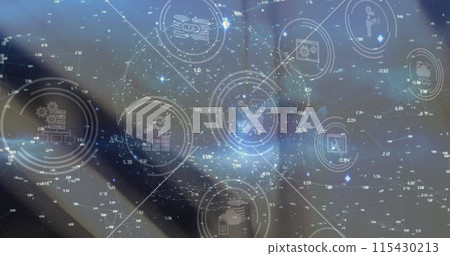 Network of digital icons and network of connections against warehouse in background 115430213