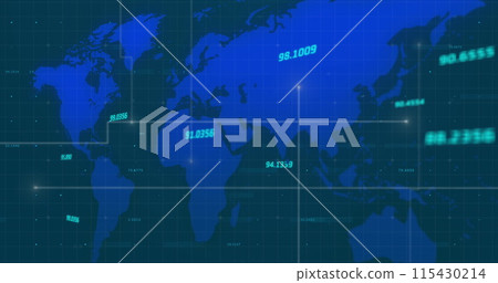 Light trails and multiple changing numbers on world map on blue background 115430214