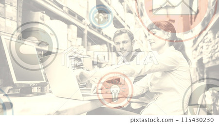 Image of networks of connections with digital icons over couple using computer 115430230