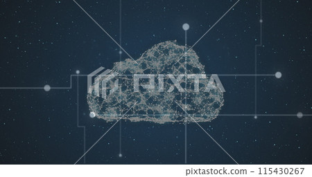 Cloud icon of network of connections against light trails against blue background 115430267