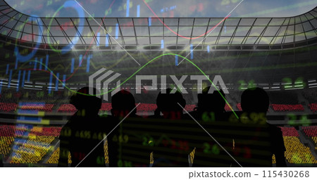 Statistical data processing against silhouette of fans cheering and sports stadium in background 115430268