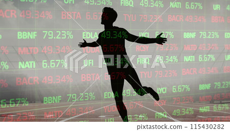 Stock market data processing over over silhouette of male athlete celebrating against sports field 115430282