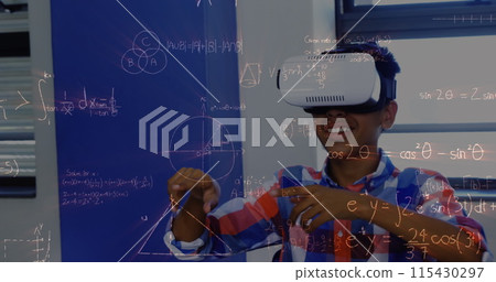Image of mathematical equations over schoolchildren using vr headsets 115430297