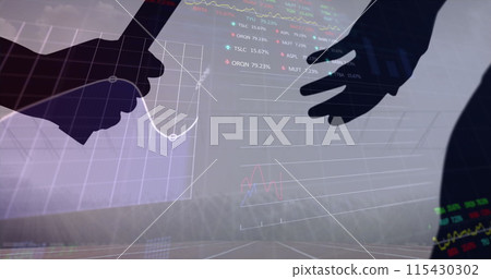 Stock market data processing against silhouette of hand passing a baton against sports field 115430302