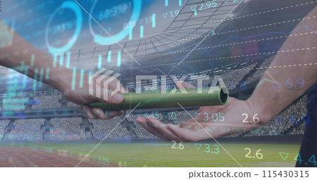 Stock market data processing against hand passing a baton against sports stadium 115430315