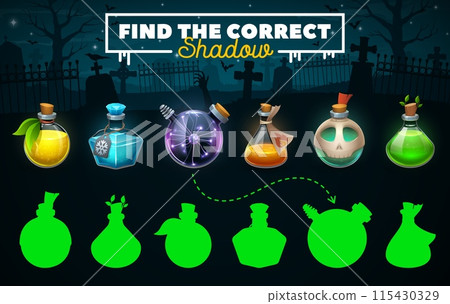 Halloween game worksheet, find the correct shadow of fairytale potion bottles on dark cemetery vector background. Halloween holiday matching quiz puzzle with cartoon magic potion, elixir or poison Halloween game worksheet, find the correct shadow of fairytale potion bottles on dark cemetery vector background. Halloween holiday matching quiz puzzle with cartoon magic potion, elixir or poison 115430329