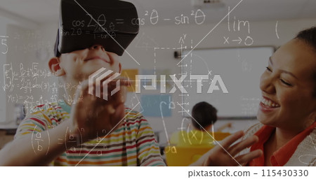 Image of mathematical equations over schoolchildren using vr headsets Image of mathematical equations over schoolchildren using vr headsets 115430330