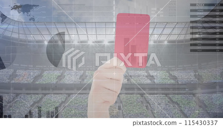 Statistical data processing against hand holding a red card against sports stadium in background 115430337