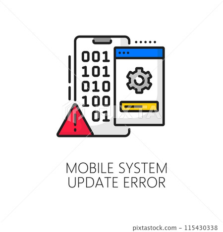Mobile system software update error color thin line icon. Smartphone app maintenance technology, phone update download thin line vector pictogram with binary code on smartphone screen and cogwheel 115430338