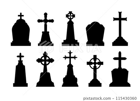 Gravestone, headstone, tombstone silhouettes. Tomb stone icons. Vector set of black silhouetted shapes of grave crosses, cemetery graveyard funereal architecture. Isolated memorial shadows Gravestone, headstone, tombstone silhouettes. Tomb stone icons. Vector set of black silhouetted shapes of grave crosses, cemetery graveyard funereal architecture. Isolated memorial shadows 115430360
