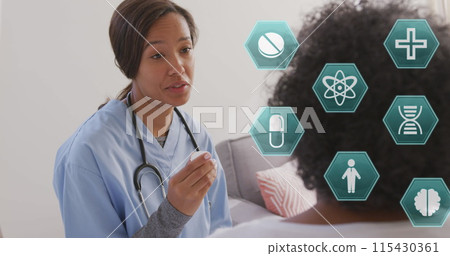 Image of medical icons over female doctor with senior woman talking 115430361
