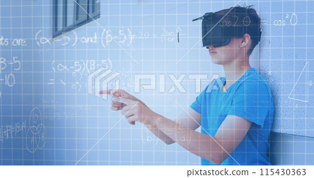 Image of mathematical equations over schoolchildren using vr headsets 115430363