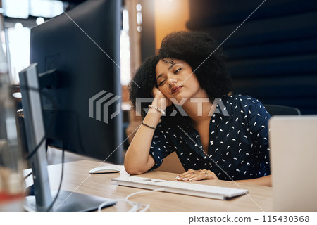 Business, burnout and tired woman by computer in office bored with project research, planning or reading information. Fatigue, sleepy or manager frustrated by online, glitch or 404, error or disaster Business, burnout and tired woman by computer in office bored with project research, planning or reading information. Fatigue, sleepy or manager frustrated by online, glitch or 404, error or disaster 115430368