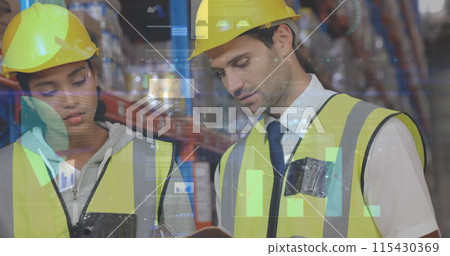 Statistical data processing against diverse male and female supervisor discussing at warehouse Statistical data processing against diverse male and female supervisor discussing at warehouse 115430369