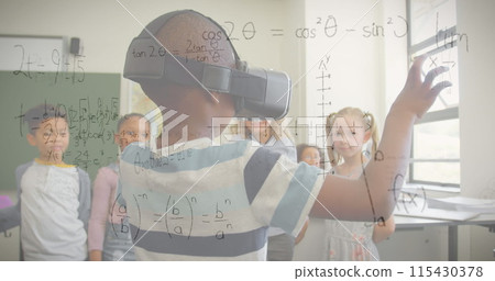 Image of mathematical equations over schoolchildren using vr headsets Image of mathematical equations over schoolchildren using vr headsets 115430378