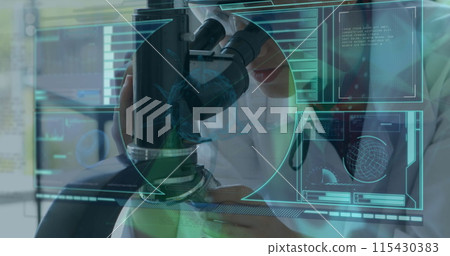 Image of covid 19 cell spinning over female scientist using microscope in laboratory Image of covid 19 cell spinning over female scientist using microscope in laboratory 115430383