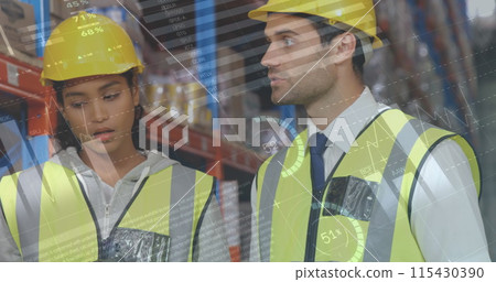 Statistical data processing against diverse male and female supervisor discussing at warehouse Statistical data processing against diverse male and female supervisor discussing at warehouse 115430390