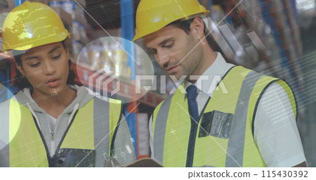 Statistical data processing against diverse male and female supervisor discussing at warehouse Statistical data processing against diverse male and female supervisor discussing at warehouse 115430392