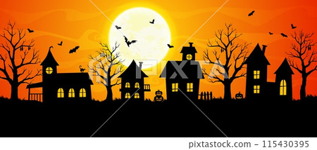 Silhouette of halloween town. Eerie shadows cast upon a cityscape with crooked spires, haunted houses and a foreboding moon. Sinister darkened shapes hint at supernatural secrets in the spectral night Silhouette of halloween town. Eerie shadows cast upon a cityscape with crooked spires, haunted houses and a foreboding moon. Sinister darkened shapes hint at supernatural secrets in the spectral night 115430395