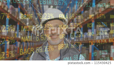 Image of data processing over smiling man working in warehouse Image of data processing over smiling man working in warehouse 115430425