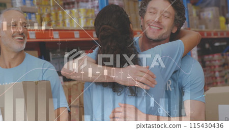 Statistical data processing over diverse male and female volunteers hugging each other at warehouse 115430436