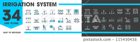 Drip water irrigation system line icons of garden and farm field sprinklers, vector irrigate technology. Irrigation system icons of watering pipe hose and spray sprinkler for agriculture and farming 115430438