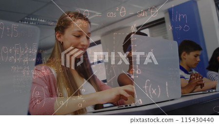 Image of mathematical equations over schoolchildren using laptop Image of mathematical equations over schoolchildren using laptop 115430440
