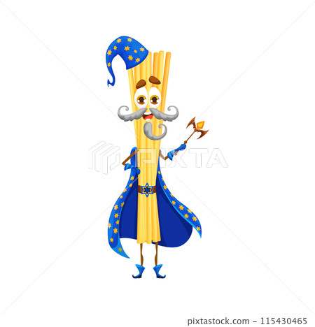 Cartoon Halloween italian pasta wizard character. Isolated vector spaghetti with pointy hat, beard, and mustaches holding magic wand. Cheeky smile and big eyes convey a fun and mischievous personage Cartoon Halloween italian pasta wizard character. Isolated vector spaghetti with pointy hat, beard, and mustaches holding magic wand. Cheeky smile and big eyes convey a fun and mischievous personage 115430465