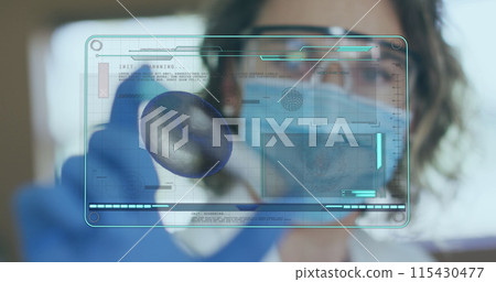 Image of medical data processing on screen over female scientist holding test tube 115430477