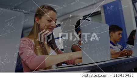 Image of mathematical equations over schoolchildren using laptop Image of mathematical equations over schoolchildren using laptop 115430485