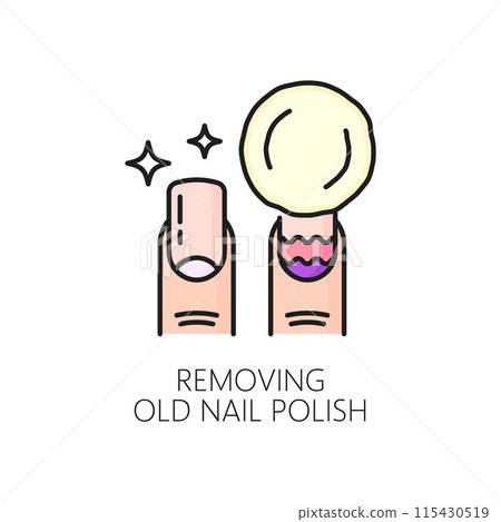 Manicure service color line icon with nail old polish removing cotton swab. Manicure and pedicure, woman beauty or spa salon thin line vector icon. Nail service cosmetics and makeup tools outline sign Manicure service color line icon with nail old polish removing cotton swab. Manicure and pedicure, woman beauty or spa salon thin line vector icon. Nail service cosmetics and makeup tools outline sign 115430519