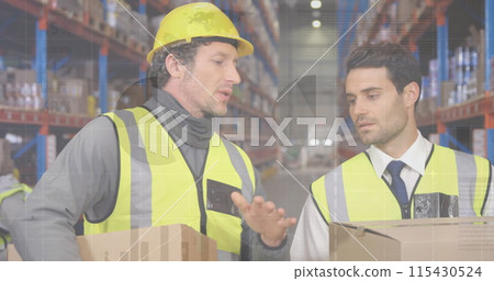 Statistical data processing against caucasian male supervisor and worker discussing at warehouse 115430524
