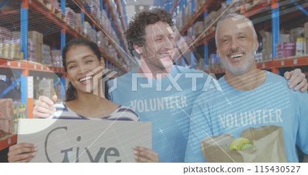 Statistical data processing against diverse male and female volunteers smiling at warehouse 115430527