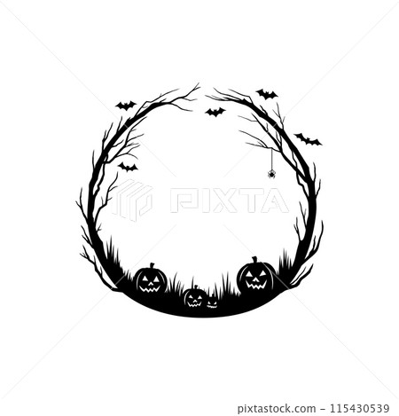 Halloween black frame with pumpkins, bats and spider on cobweb in forest tree border, vector silhouette. Halloween holiday greeting card frame with scary spooky lantern pumpkins and haunted forest Halloween black frame with pumpkins, bats and spider on cobweb in forest tree border, vector silhouette. Halloween holiday greeting card frame with scary spooky lantern pumpkins and haunted forest 115430539